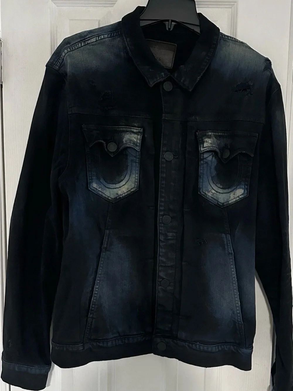True Religion Men's Black Washed Denim Jacket with Faded Blue Accents
